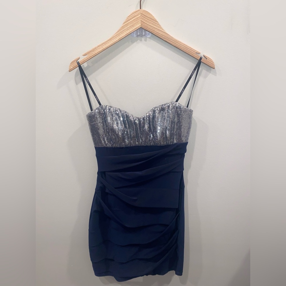 Y2K B. Darlin Navy Sequin Bodycon Mini Dress Strapless Sweetheart Neck Size 7/8